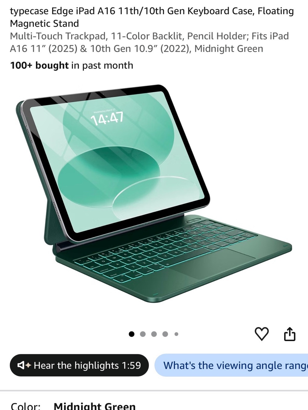 Typecase Midnight Green Keyboard Case for iPad A16 with Magnetic Floating Stand
